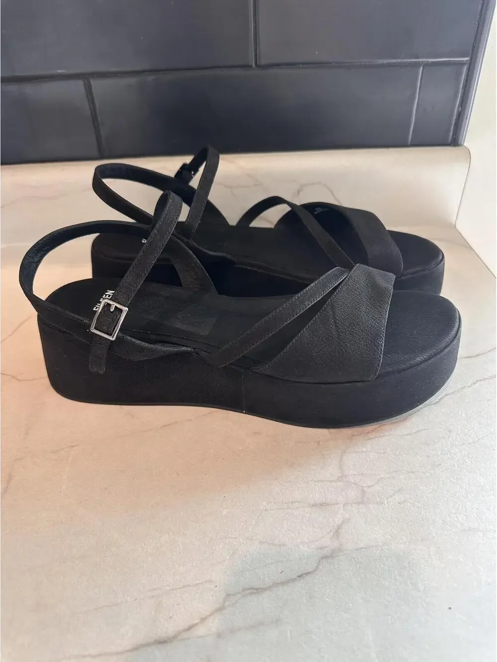 NEW Eileen Fisher Dae Leather Wedge Platform Strappy Sandals Black Women’s sz 10 - Picture 3 of 15
